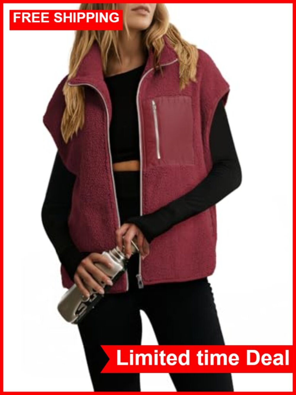 Sherpa Fleece Zip Up Vest Oversized Casual Fall Layer